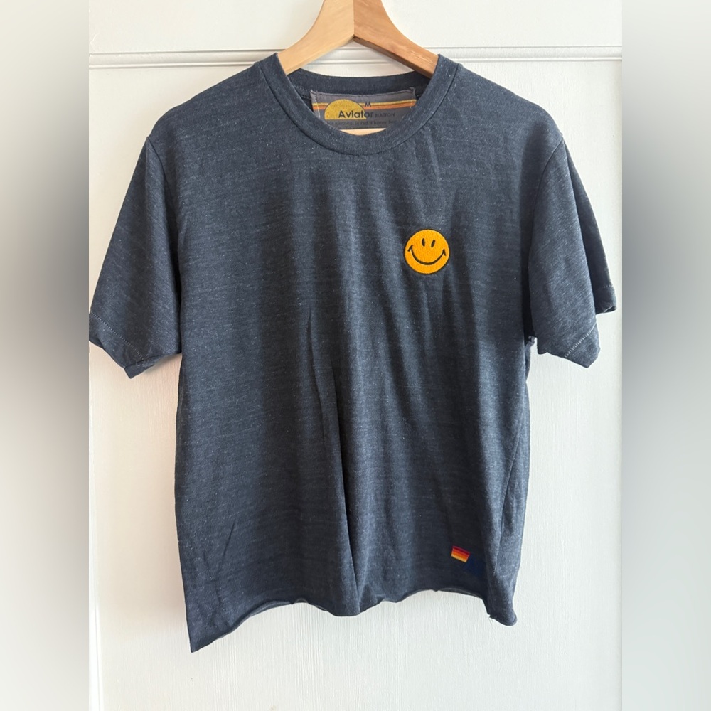 Aviator Nation charcoal tee featuring a yellow smiley face